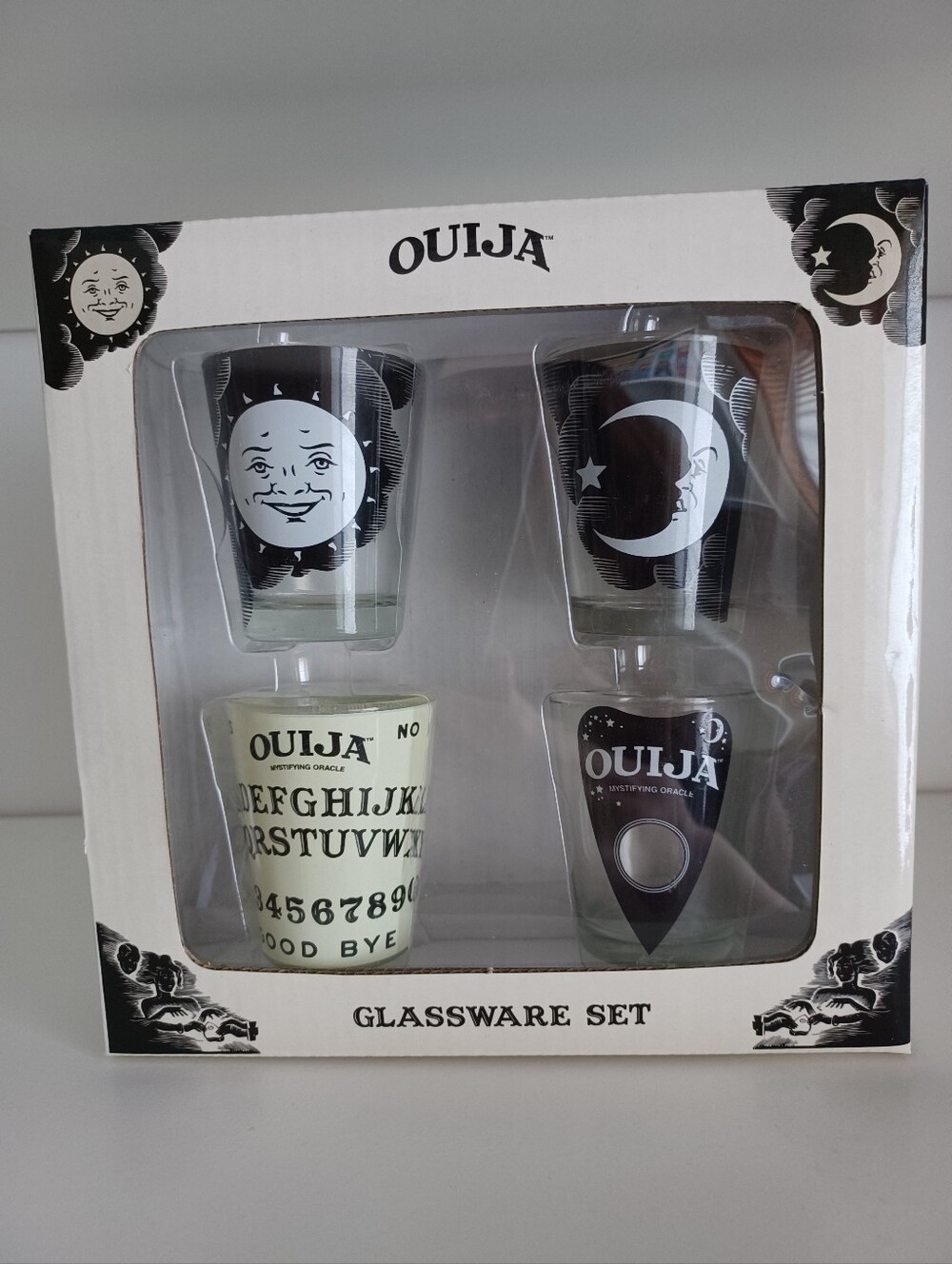 Four Hasbro Ouija Board Shot Glass Glassware Set Barware Drinkware Collectible